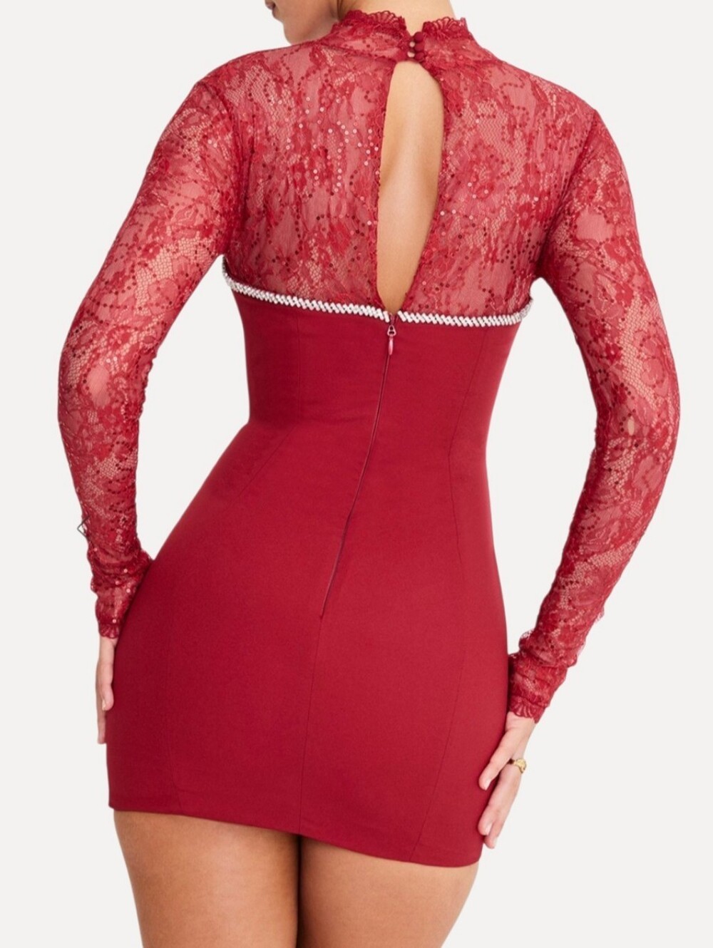 Mistress Rocks Rhinestone-Trim Red Lace Sleeve Bodycon Mini Dress - Picture 4 of 13